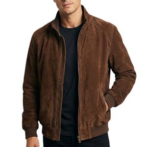 Vintage Men’s Brown Suede Bomber Jacket Leather Zip Up Coat Ribbed Trim Retro